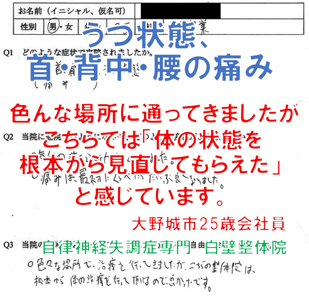 抑うつ状態、首・背中・腰の痛みがあった福岡県大野城市の方の整体の口コミ