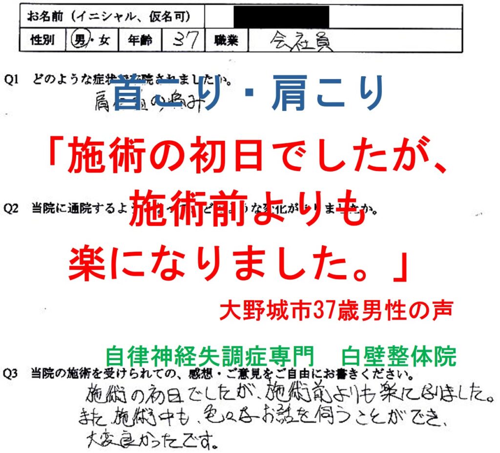 首こり・肩こりが整体で楽になった大野城市の男性の口コミ