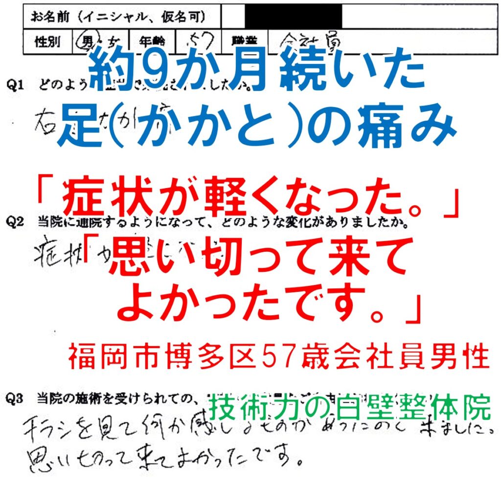 足(かかと)の痛みが整体で楽になった福岡市博多区の会社員の方のアンケート