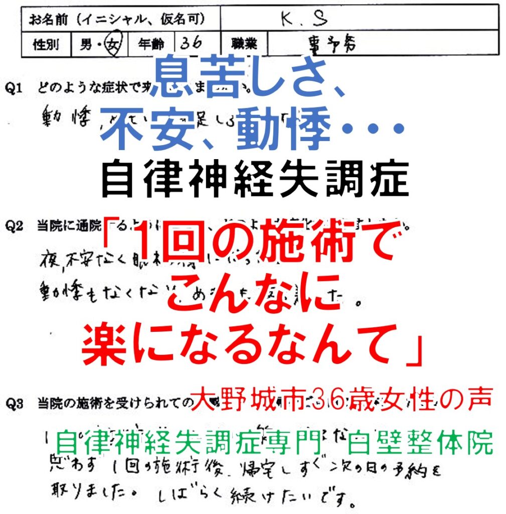 息苦しさ、不安、動悸などの自律神経失調症の症状が整体で楽になった福岡県大野城市の方の口コミ