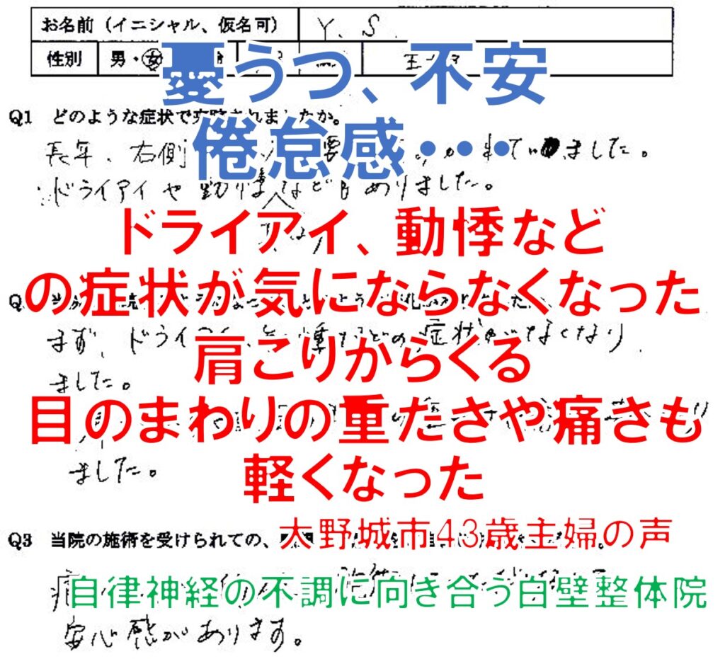 自律神経失調症、憂うつ、不安、倦怠感、首・肩・背中・腰の痛み、ドライアイ、生理痛などがあった福岡県大野城市の主婦の口コミ