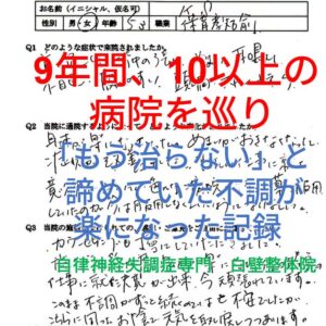 首こり病、変形性頚椎症、機能性ディスペプシアなどの症状が整体で楽になった春日市の方の口コミ