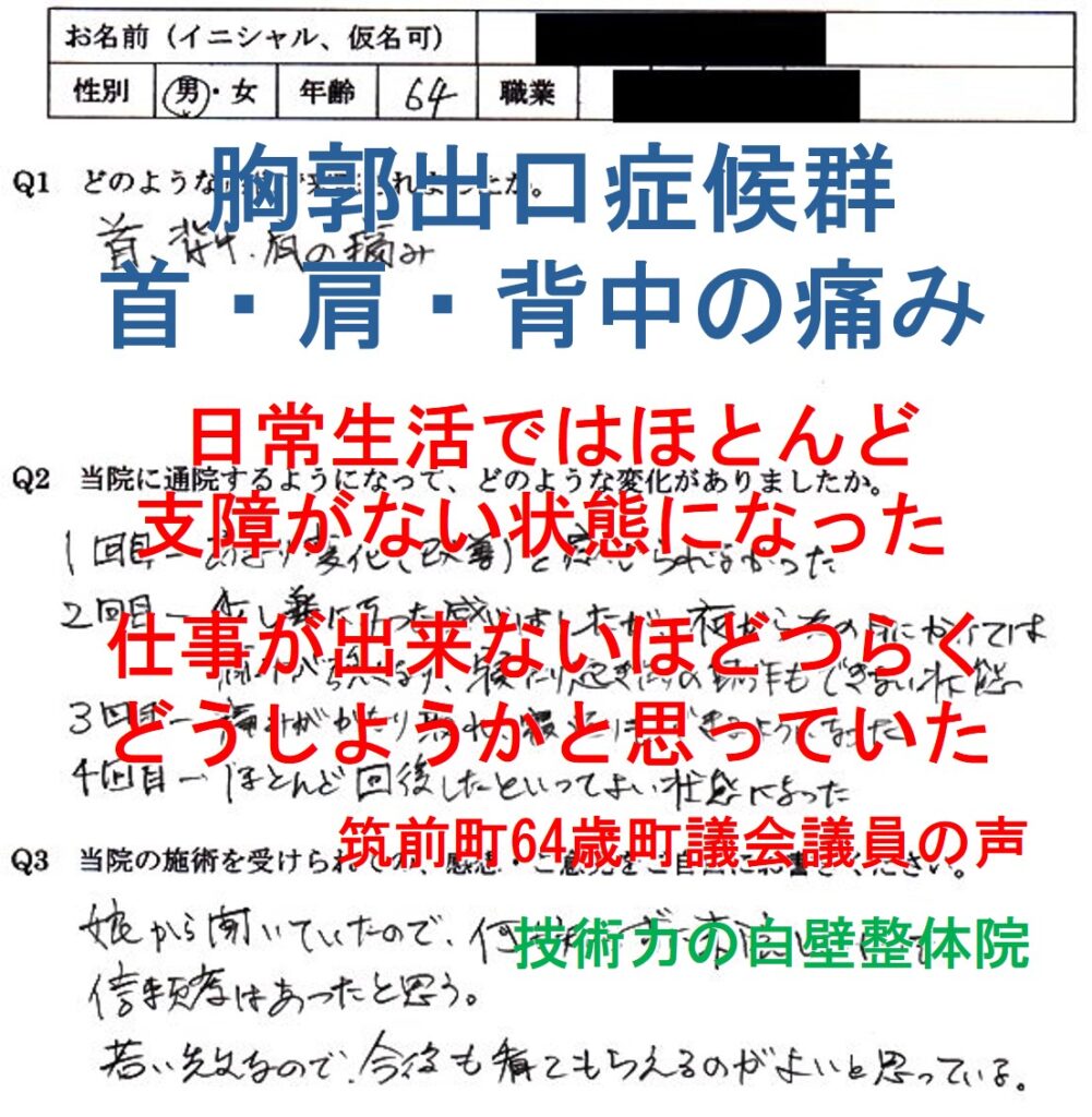 胸郭出口症候群の首・肩・背中の痛みのあった朝倉郡筑前町の方の整体口コミ