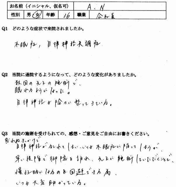 不眠、自律神経失調症のみやま市在住の女性のアンケート