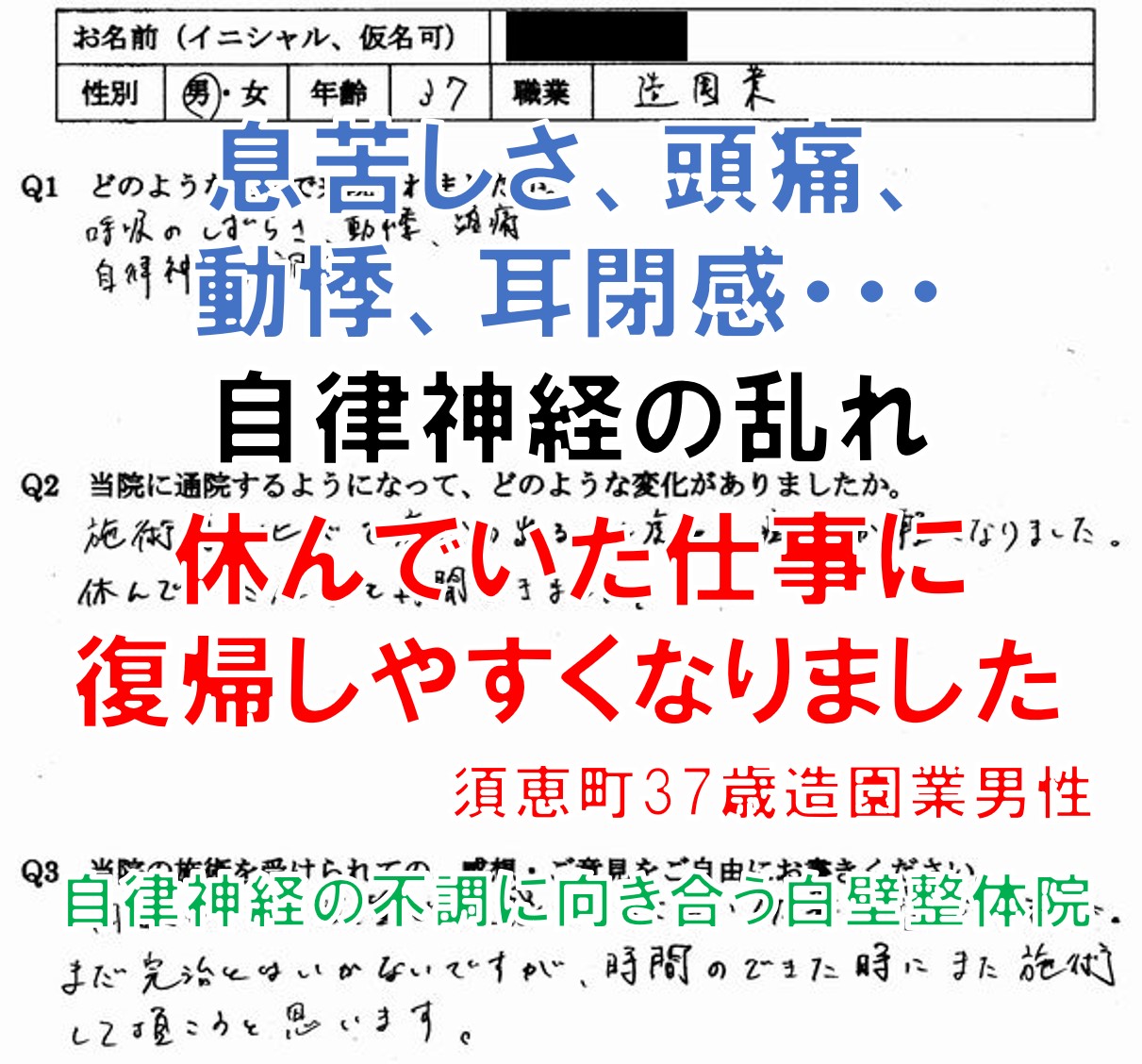息苦しさ、頭痛、動悸などの自律神経の乱れで整体を受けた須恵町の方の口コミ