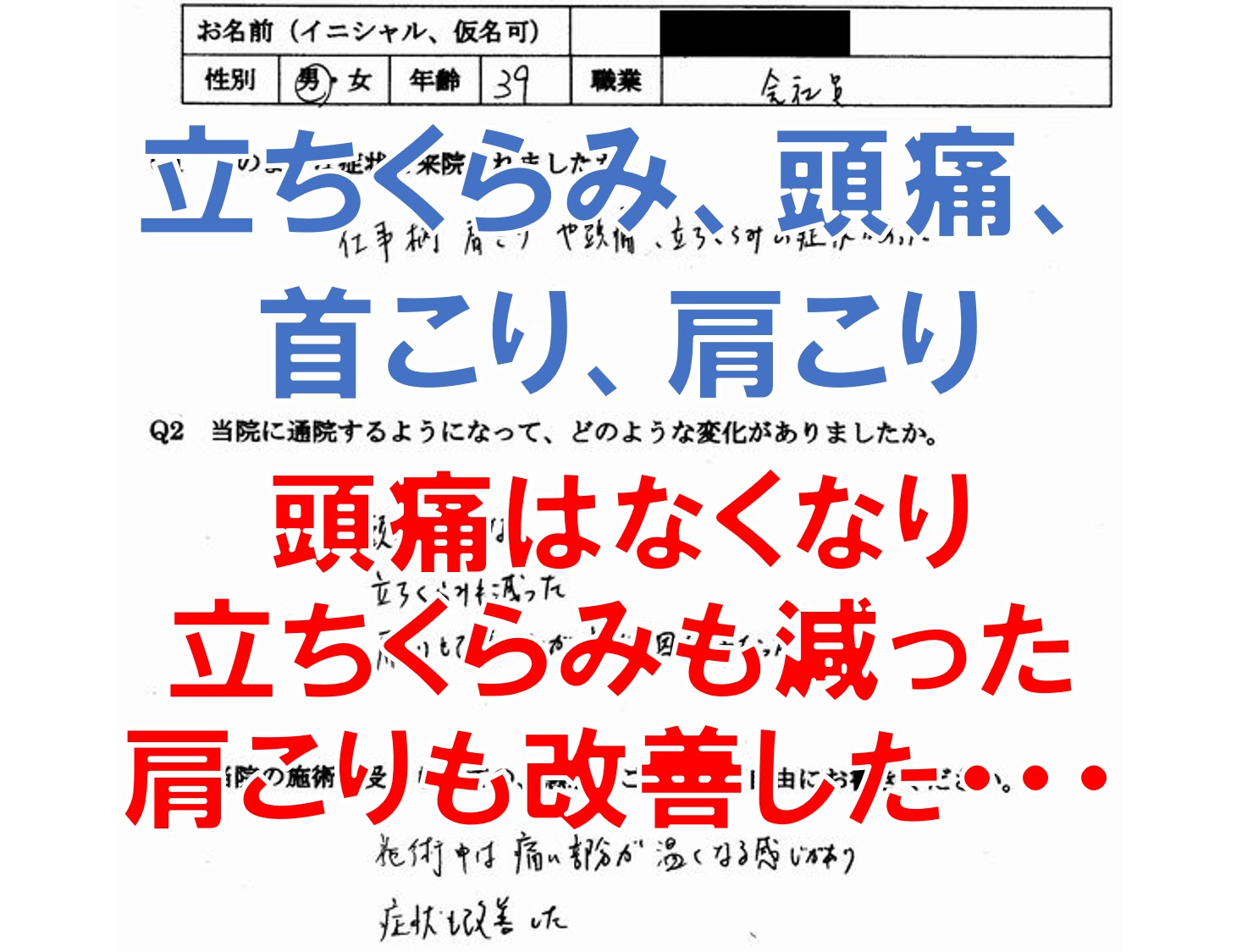 立ちくらみ（めまい）、頭痛、首こり、肩こりのある春日市の方のアンケート