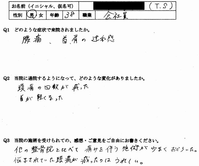 腰痛、頭痛、首こり、肩こりなどの症状のある福岡市博多区の方の口コミ