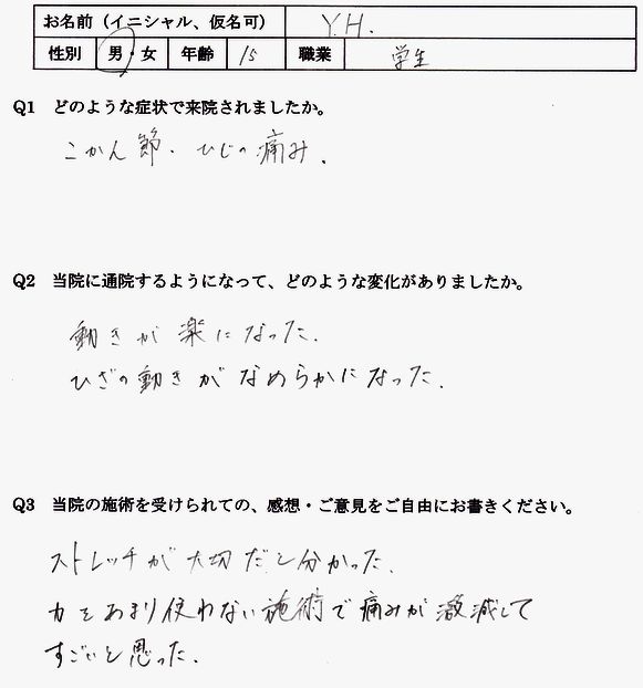 膝痛、鼠蹊部痛、肘痛、半月板損傷のある福岡市博多区の高校生の口コミ