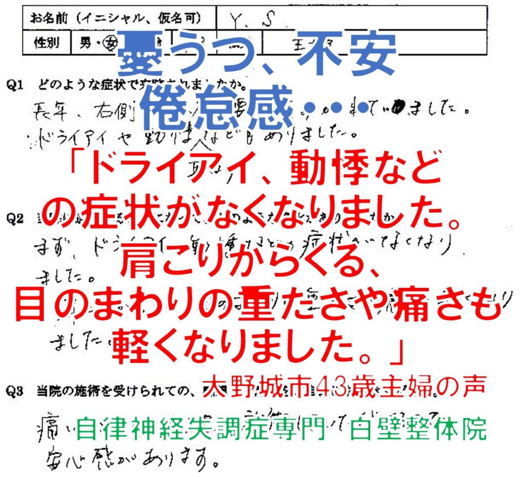 自律神経失調症、憂うつ、不安、倦怠感、首・肩・背中・腰の痛み、ドライアイ、生理痛などがあった福岡県大野城市の主婦の口コミ