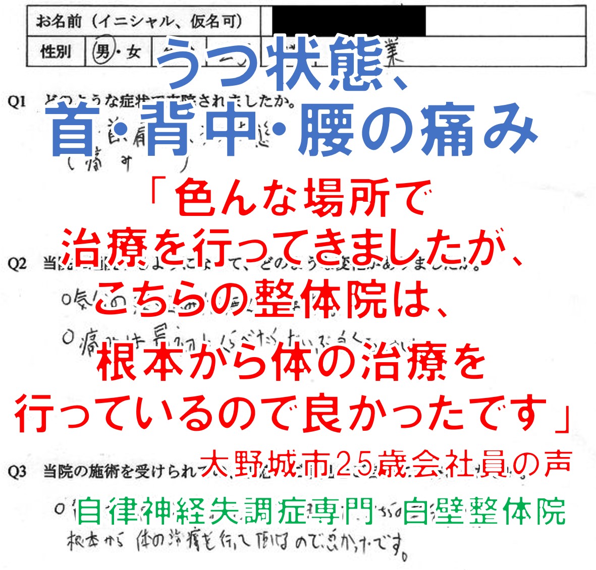 抑うつ状態、首・背中・腰の痛みがあった福岡県大野城市の方の整体の口コミ