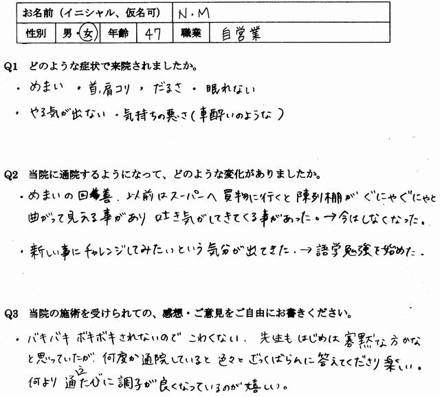 めまい、不眠、頭痛、月経困難症、生理不順などが整体で楽になった福岡県春日市の方の口コミ