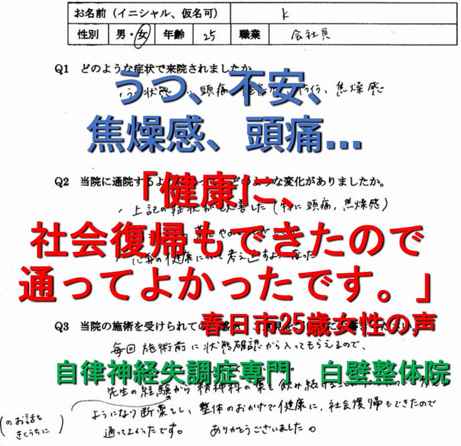 うつ状態（憂うつ、不安、焦燥感、イライラ）、頭痛などが整体で楽になった福岡県春日市の方の口コミ