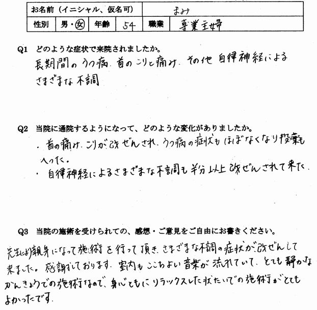 腰部脊柱管狭窄症、機能性ディスペプシア、逆流性食道炎、更年期障害、憂うつ、首こりなどの不調が整体で楽になった太宰府市の方の口コミ