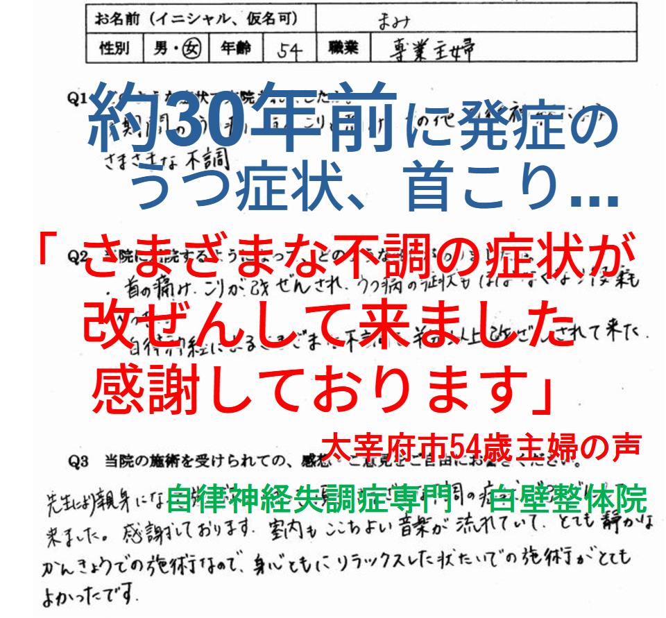 腰部脊柱管狭窄症、機能性ディスペプシア、逆流性食道炎、更年期障害、憂うつ、首こりなどの不調が整体で楽になった太宰府市の方の口コミ