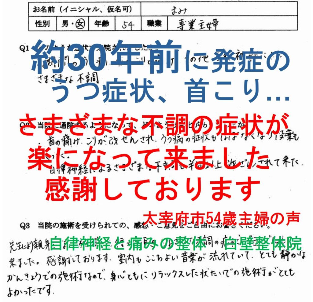 腰部脊柱管狭窄症、機能性ディスペプシア、逆流性食道炎、更年期障害、憂うつ、首こりなどの不調が楽になった太宰府市の方の整体口コミ