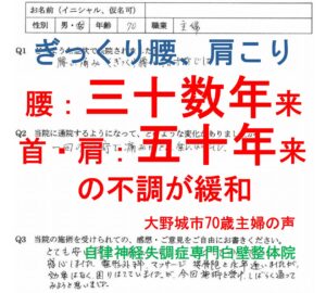 ぎっくり腰(腰痛)・肩こり・モートン病などの症状でお悩みだった大野城市の70代主婦の整体口コミ