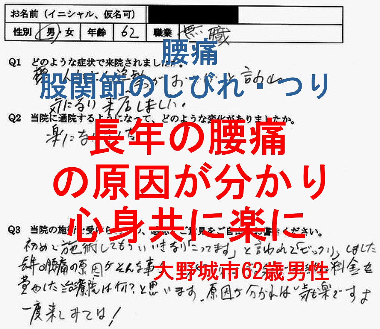 腰痛、股関節のしびれ・つりが整体で楽になった大野城市の男性の口コミ