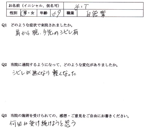 胸郭出口症候群の背中の痛み、肩・手のしびれが整体で楽になった春日市の方の口コミ