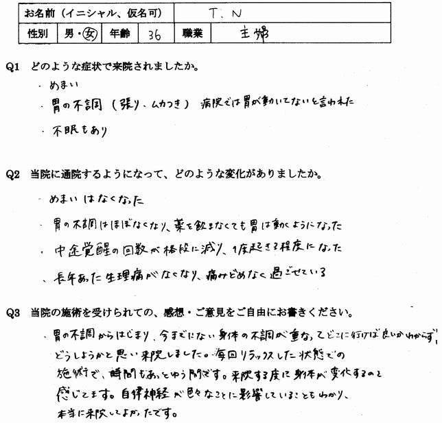 めまい、胃の張り、生理痛、不眠などが整体によって楽になった太宰府市の方の口コミ
