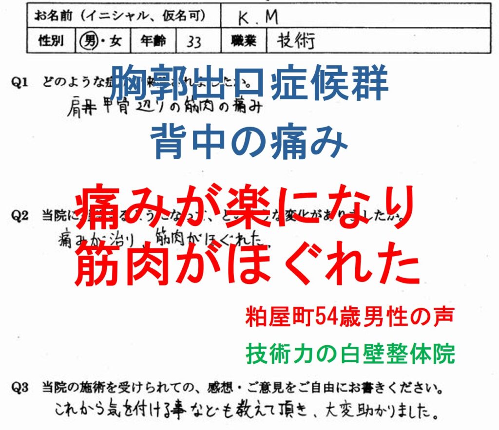 胸郭出口症候群の背中の痛みが楽になった糟屋郡粕屋町の方の整体口コミ