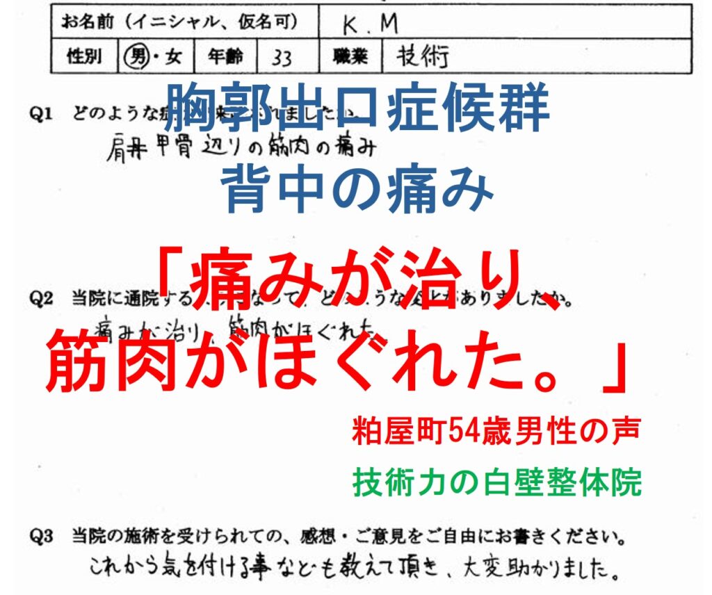 胸郭出口症候群、頚椎症性神経根症が整体で楽になった大野城市の方の口コミ