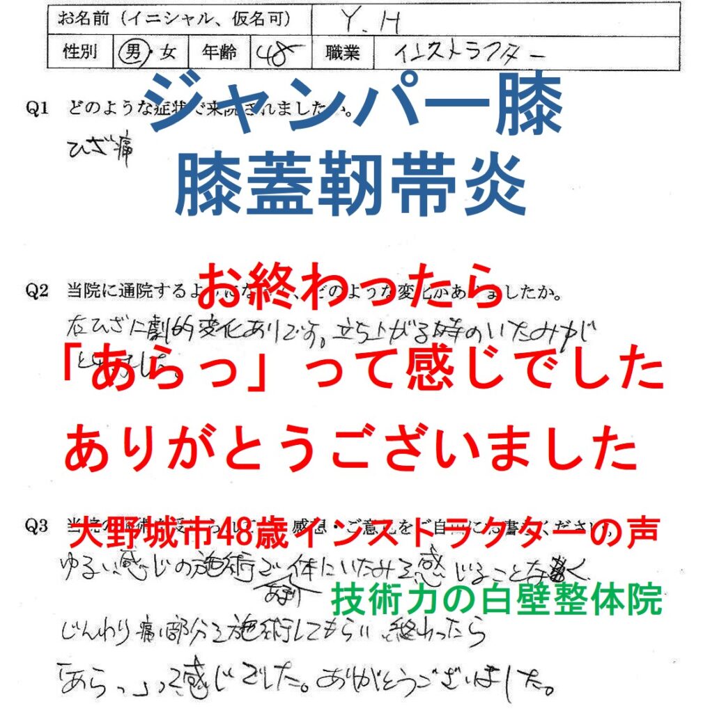 膝痛（膝蓋靭帯炎、ジャンパー膝）が整体で楽になった大野城市の方の口コミ