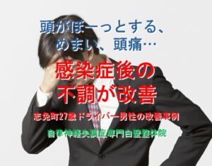 コロナ後の不調、意識がはっきりしない、頭痛、めまいなどが整体で楽になった志免町の方が頭を押さえてうつむくイメージ画像
