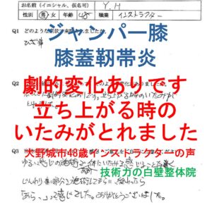 膝痛(膝蓋靭帯炎、ジャンパー膝)が整体で楽になった大野城市の方の口コミ