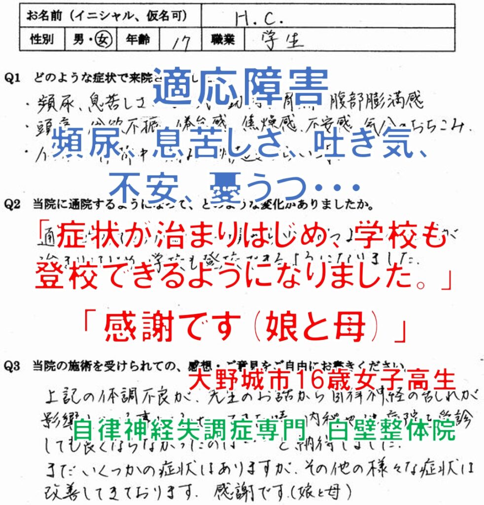 頻尿、息苦しさ、吐き気などのあった適応障害の大野城市の高校生のお母さんの口コミ