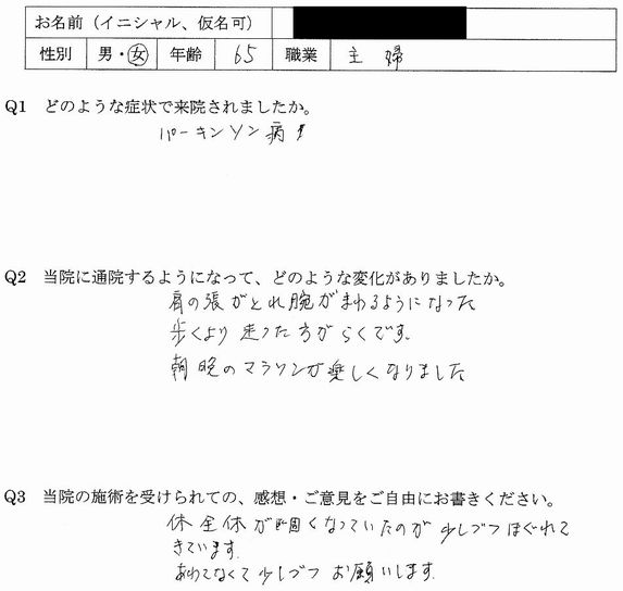 パーキンソン病、腰椎すべり症の症状が緩和したと感じられた大野城市の方のアンケート