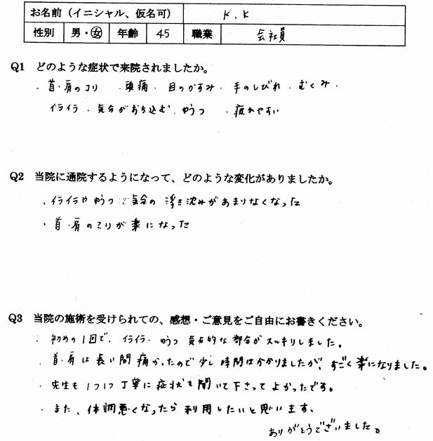 頭痛、憂うつ、イライラなどの自律神経失調症の症状が整体で楽になった大野城市の方の口コミ