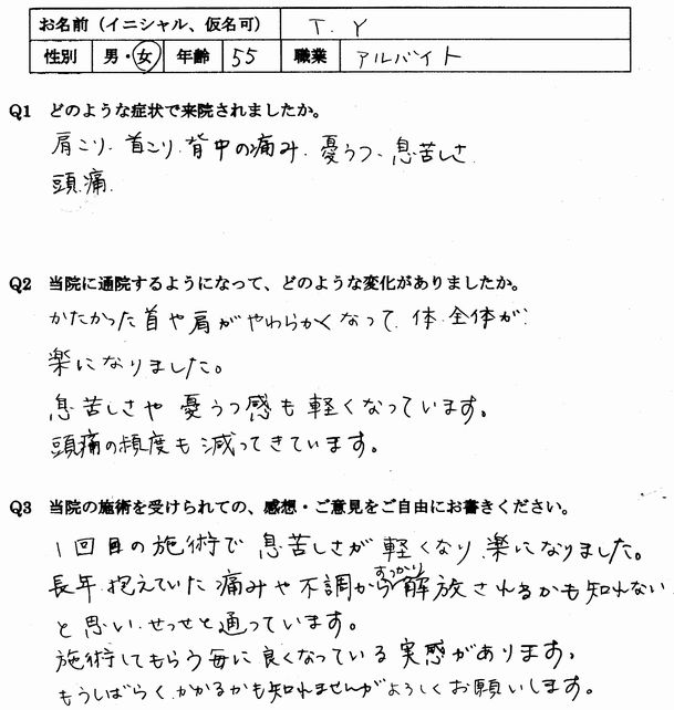 息苦しさ、憂うつ、頭痛、疲労感などの自律神経失調症の症状が整体で楽になった大野城市の方の口コミ